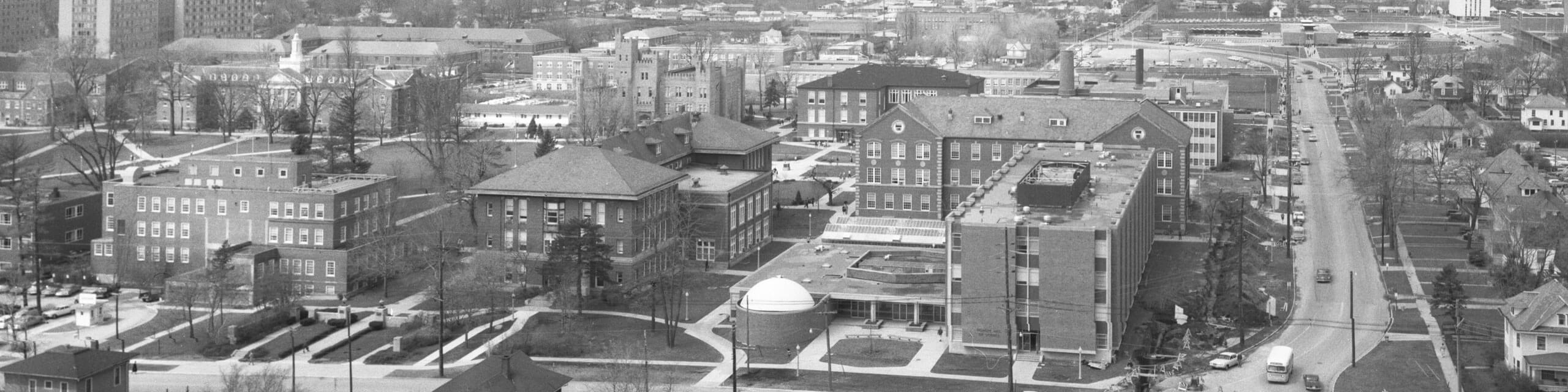 A vintage aerial photo of campus.