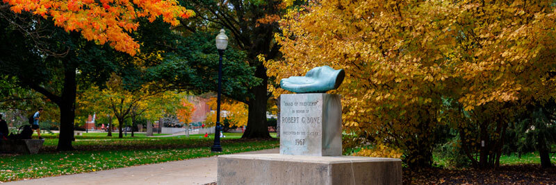 The Hand of Friendship statue on the campus quad.